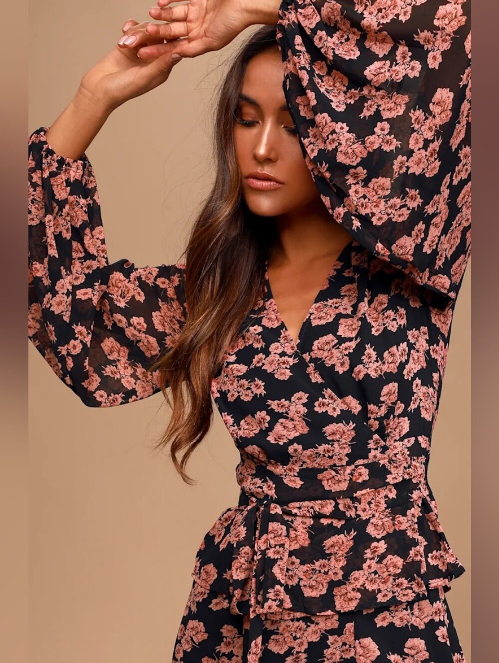 EUC•Lulus Eye for Aesthetics Black&Pink Floral Print Long Sleeve Wrap Top•Med
